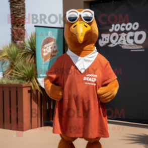 Rust Seagull mascot costume character dressed with a Polo Shirt and Shawl pins