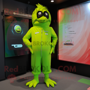 Lime Green Crow mascot costume character dressed with a Jumpsuit and Digital watches