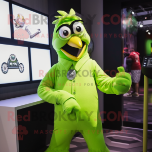 Lime Green Crow mascot costume character dressed with a Jumpsuit and Digital watches