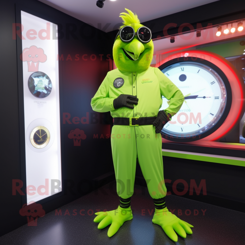 Lime Green Crow mascot costume character dressed with a Jumpsuit and Digital watches