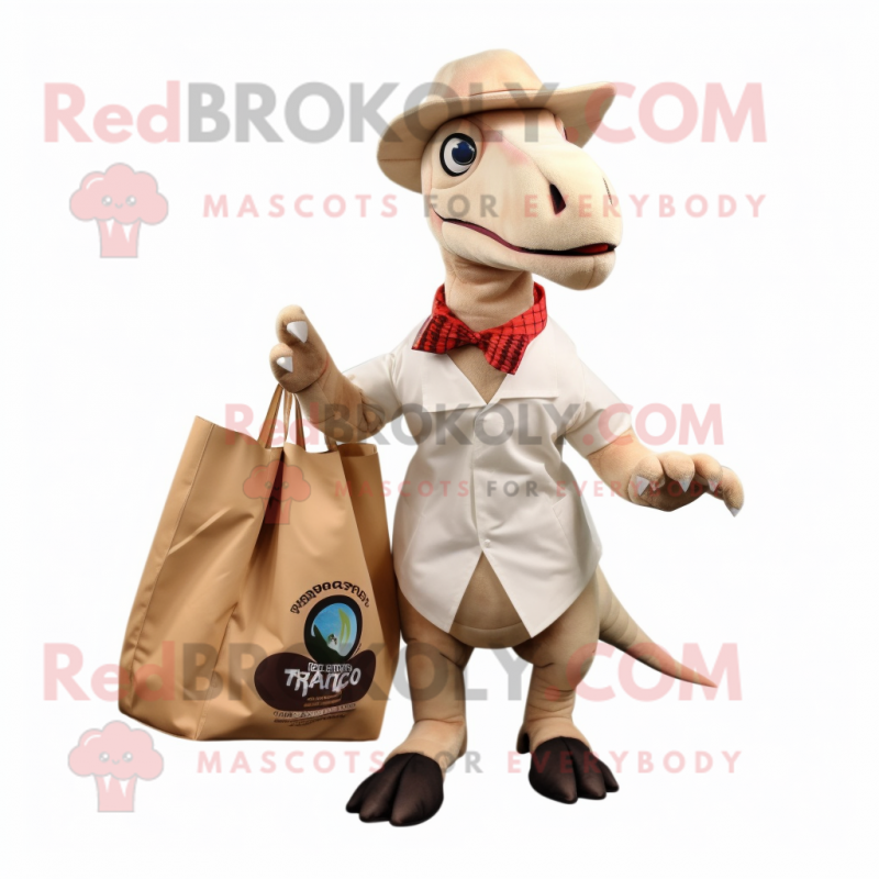 Cream Parasaurolophus mascot costume character dressed with a Button-Up Shirt and Tote bags