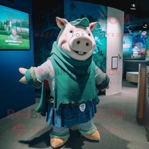 Teal Pig maskot kostume...