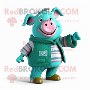 Teal Pig maskot kostume...