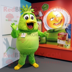 Lime Green Chicken Parmesan mascot costume character dressed with a Romper and Brooches