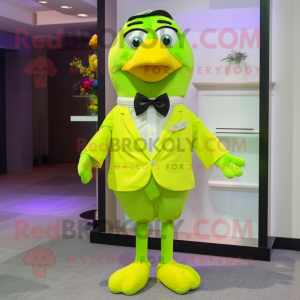 Lime Green Canary mascot costume character dressed with a Dress Pants and Bow ties