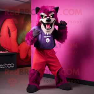 Magenta Werewolf mascot costume character dressed with a Culottes and Berets