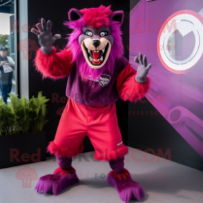 Magenta Werewolf mascot costume character dressed with a Culottes and Berets