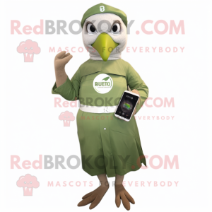 Olive Albatross mascot costume character dressed with a Empire Waist Dress and Smartwatches