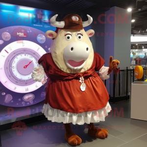 Rust Beef Wellington mascot costume character dressed with a Circle Skirt and Digital watches