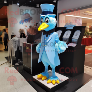 Sky Blue Chicken mascot costume character dressed with a Tuxedo and Coin purses