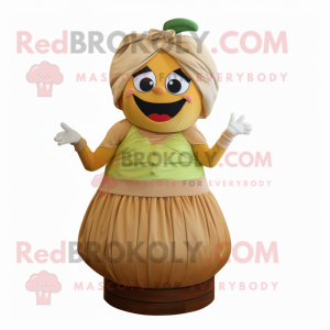 Tan Apple mascot costume character dressed with a Maxi Skirt and Belts