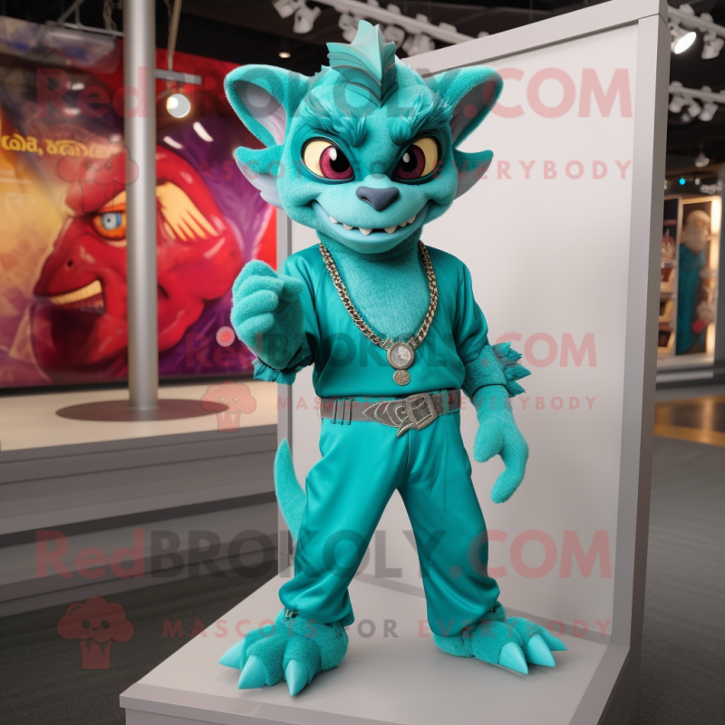 Teal Gargoyle mascot costume character dressed with a Jumpsuit and Bracelets