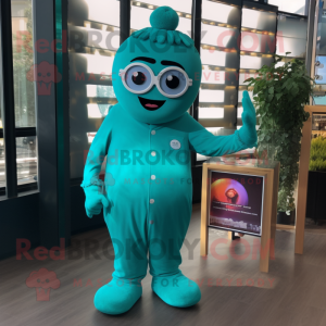 Teal Shakshuka mascot costume character dressed with a Jumpsuit and Eyeglasses