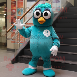 Teal Shakshuka mascot costume character dressed with a Jumpsuit and Eyeglasses