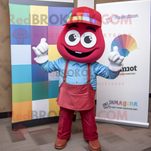 Maroon Rainbow mascot costume character dressed with a Chambray Shirt and Pocket squares