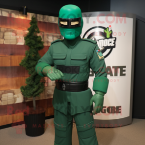 Forest Green Gi Joe mascot costume character dressed with a Sheath Dress and Lapel pins