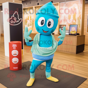 Turquoise Miso Soup mascot costume character dressed with a Yoga Pants and Headbands