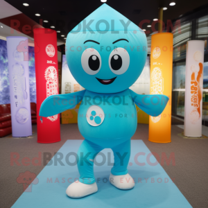 Turquoise Miso Soup mascot costume character dressed with a Yoga Pants and Headbands