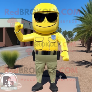 Lemon Yellow Spartan Soldier mascot costume character dressed with a Cargo Shorts and Sunglasses