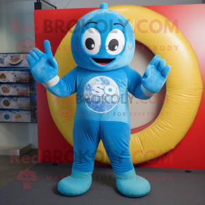 Sky Blue Miso Soup mascot costume character dressed with a Rash Guard and Rings