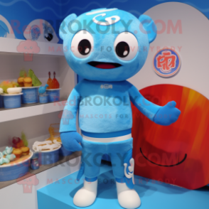 Sky Blue Miso Soup mascot costume character dressed with a Rash Guard and Rings