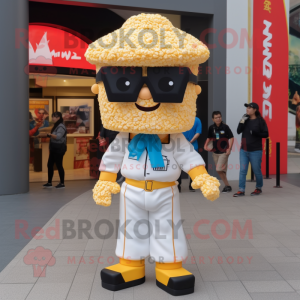 nan Pop Corn mascot costume character dressed with a Jumpsuit and Backpacks