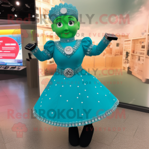 Turquoise Irish Dancing Shoes mascot costume character dressed with a Empire Waist Dress and Smartwatches