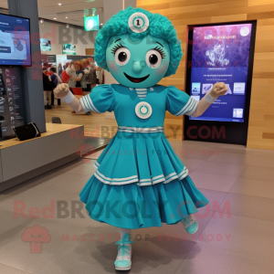 Turquoise Irish Dancing Shoes mascot costume character dressed with a Empire Waist Dress and Smartwatches