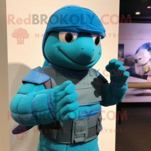 Cyan Para Commando mascot costume character dressed with a Turtleneck and Mittens