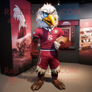 Maroon Vulture mascot costume character dressed with a Rugby Shirt and Cummerbunds
