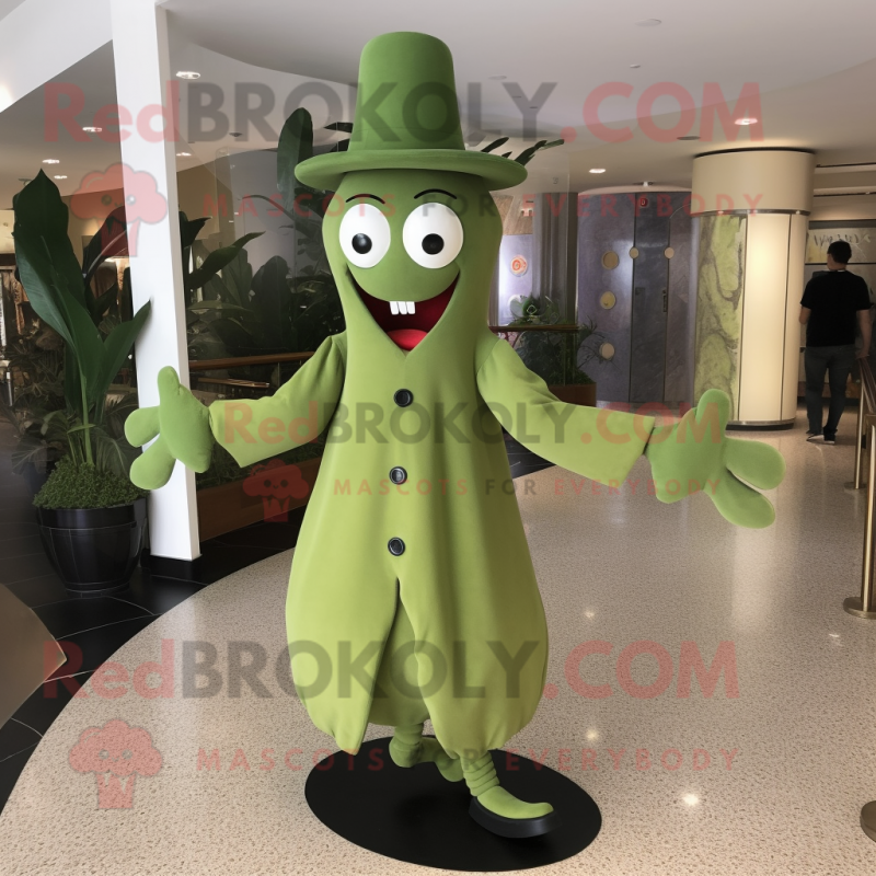 Olive Stilt Walker mascot costume character dressed with a Coat and Hat pins