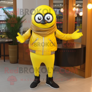 Lemon Yellow Shakshuka mascot costume character dressed with a Leather Jacket and Scarves