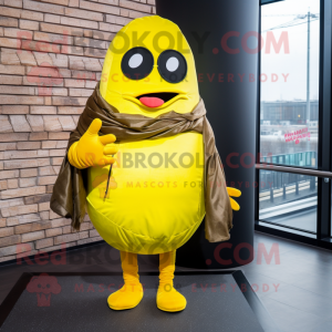 Lemon Yellow Shakshuka mascot costume character dressed with a Leather Jacket and Scarves