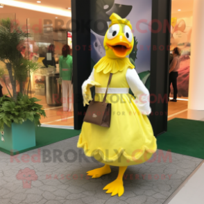 Lemon Yellow Muscovy Duck mascot costume character dressed with a Wrap Skirt and Clutch bags