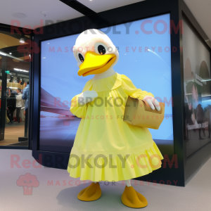 Lemon Yellow Muscovy Duck mascot costume character dressed with a Wrap Skirt and Clutch bags