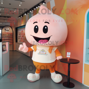 Peach Ice Cream mascot costume character dressed with a Polo Shirt and Clutch bags