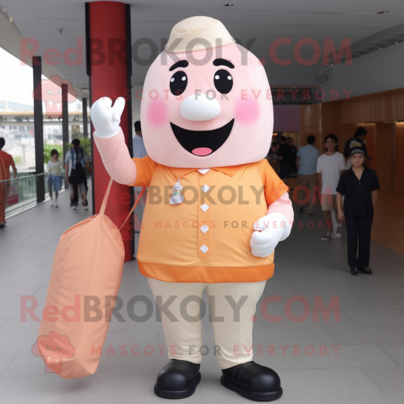 Peach Ice Cream mascot costume character dressed with a Polo Shirt and Clutch bags