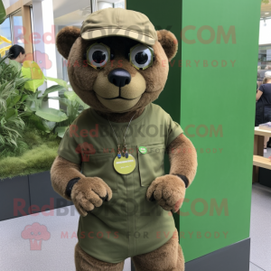 Olive Jaguarundi mascot costume character dressed with a Romper and Bracelet watches