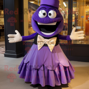 Purple Ceviche mascot costume character dressed with a Empire Waist Dress and Bow ties