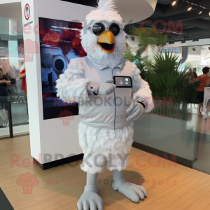 Silver Fried Chicken mascot costume character dressed with a Bermuda Shorts and Smartwatches