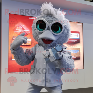 Silver Fried Chicken mascot costume character dressed with a Bermuda Shorts and Smartwatches