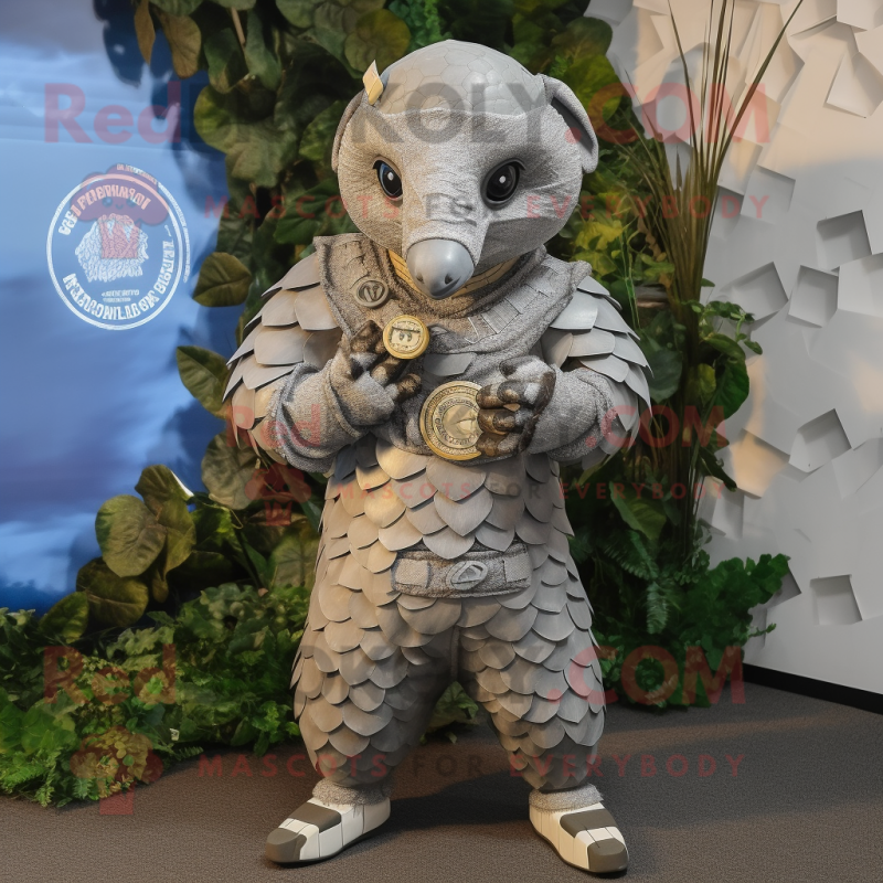 Silver Pangolin Mascot Costume Character Dressed With A Overalls And Rings Mascot Costumes 8530