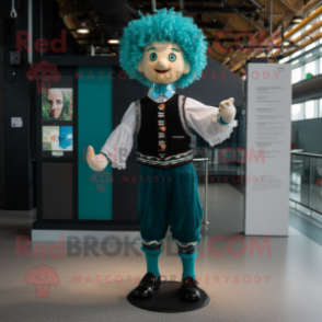 Cyan Irish Dancer mascot costume character dressed with a Cardigan and Suspenders