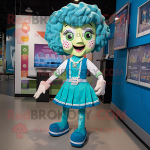 Cyan Irish Dancer mascot costume character dressed with a Cardigan and Suspenders