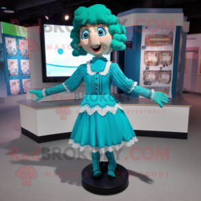 Cyan Irish Dancer mascot costume character dressed with a Cardigan and Suspenders