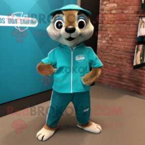 Teal Meerkat mascot costume character dressed with a Joggers and Lapel pins