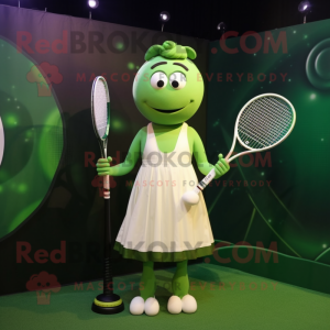 Green Tennis Racket mascot costume character dressed with a Empire Waist Dress and Rings