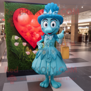 Cyan Heart mascot costume character dressed with a Cocktail Dress and Handbags