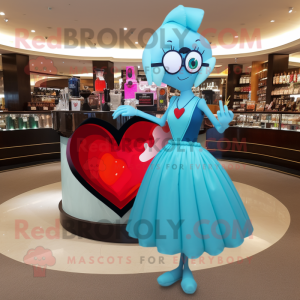 Cyan Heart mascot costume character dressed with a Cocktail Dress and Handbags