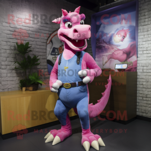 Pink Dragon mascot costume character dressed with a Jeans and Suspenders